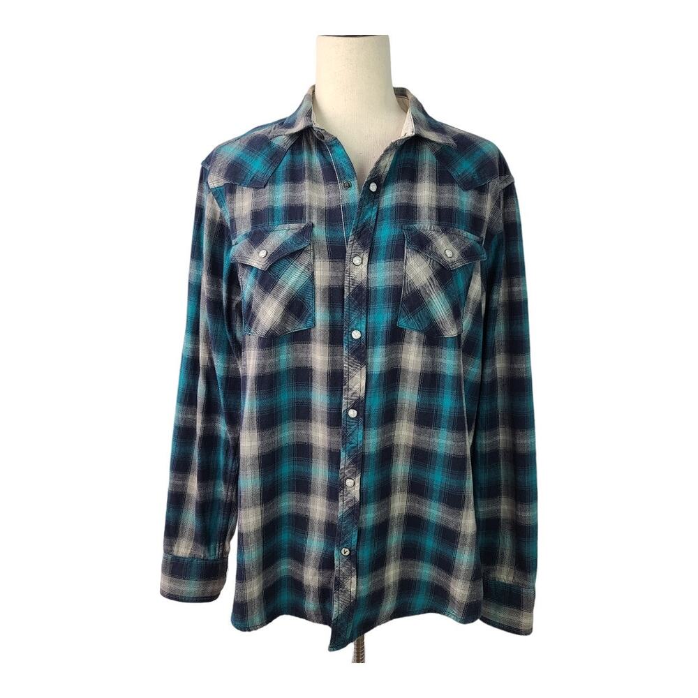 Roebuck & Company Blue Gray Plaid Pearlized Snap Button Flannel Vintage Shirt